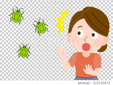 A woman surprised by a mass outbreak of stink bugs - Illustration 115315671