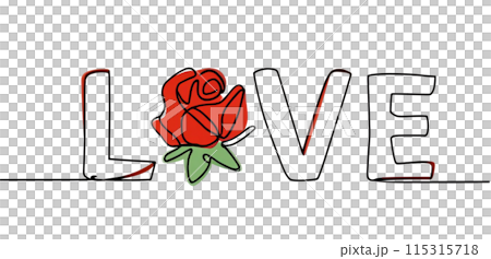 Continuous one line drawing of text "Love" with rose flower and a red heart on transparent background. 115315718