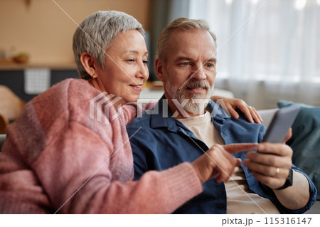 Portrait of smiling senior couple using phone together and tapping screen with mobile app at home Portrait of smiling senior couple using phone together and tapping screen with mobile app at home 115316147