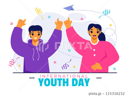 Happy International Youth Day Vector Illustration featuring Young Boys and Girls Together in a Flat Style Cartoon Background 115316232