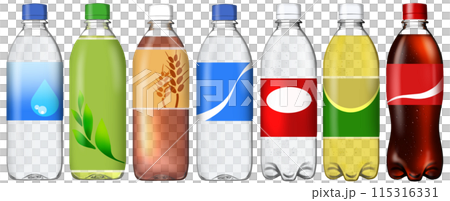 塑膠瓶中的 7 種飲料：水、碳酸、茶、可樂、水合 115316331
