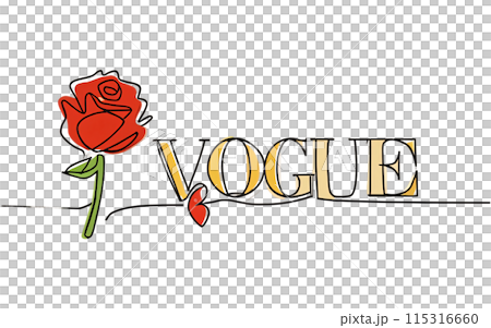 Continuous one line drawing of text "Vogue" with rose flower and a red heart. White/transparent background 115316660