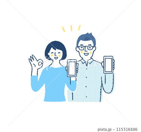 笑顔でスマホ画面を見せるカップル 115316886