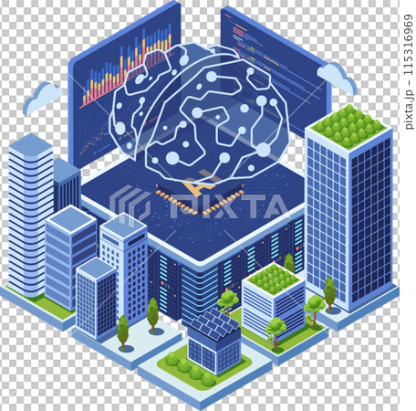 Isometric Smart City Powered by AI Brain Neural Network Isometric Smart City Powered by AI Brain Neural Network 115316969