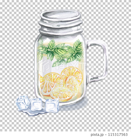 Transparent glass with lemonade, mint, ice and ice cubes on the front in a watercolor illustration on a white background. Hand drawn mug for cookbooks, lemonade, restaurant menu design, bar, cards. 115317563