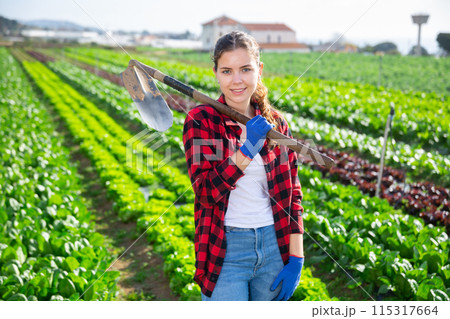 Portrait of young woman with gardening tools standing outdoors Portrait of young woman with gardening tools standing outdoors 115317664