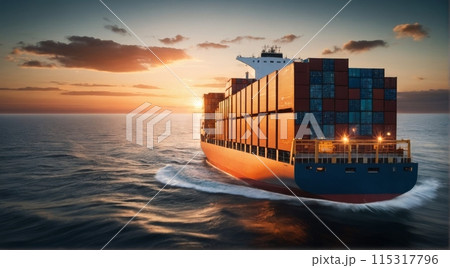 Container ship at sunset on the open sea. 115317796