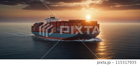 Container ship at sunset on the open sea. 115317935
