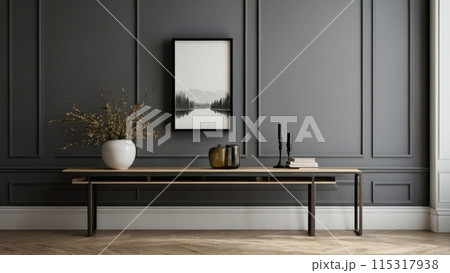 An empty picture frame hangs on the wall. Mock up. 115317938