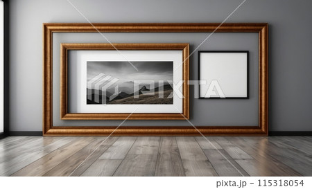 An empty picture frame hangs on the wall. Mock up. 115318054