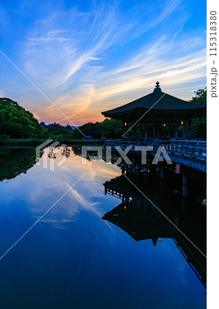 奈良公園鷺池 浮見堂の夕景 夕焼け空を背景に生駒山から放射状に広がった薄雲と水面に影を落とす浮見堂② 奈良公園鷺池 浮見堂の夕景 夕焼け空を背景に生駒山から放射状に広がった薄雲と水面に影を落とす浮見堂② 115318380