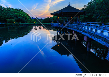 奈良公園鷺池 浮見堂の夕景 夕焼け空を背景に生駒山から放射状に広がった薄雲と水面に影を落とす浮見堂➈ 奈良公園鷺池 浮見堂の夕景 夕焼け空を背景に生駒山から放射状に広がった薄雲と水面に影を落とす浮見堂➈ 115318387