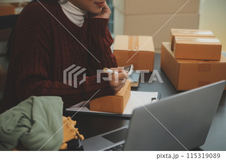 Portrait of young business asian woman online working in office desk use computer copyspace. Success business people employee, freelance SME online marketing work at home, coworking space concept Portrait of young business asian woman online working in office desk use computer copyspace. Success business people employee, freelance SME online marketing work at home, coworking space concept 115319089
