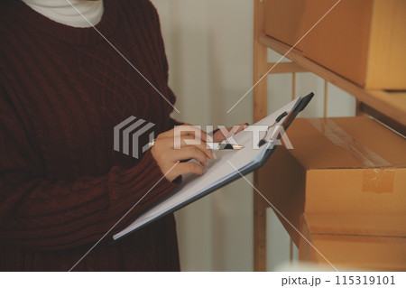 Portrait of young business asian woman online working in office desk use computer copyspace. Success business people employee, freelance SME online marketing work at home, coworking space concept 115319101