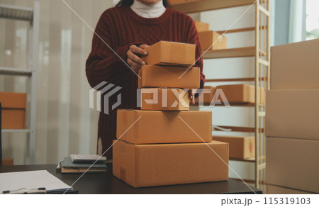 Portrait of young business asian woman online working in office desk use computer copyspace. Success business people employee, freelance SME online marketing work at home, coworking space concept 115319103