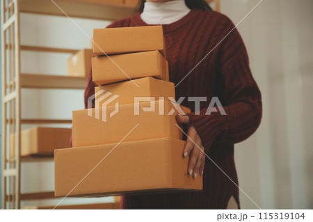 Portrait of young business asian woman online working in office desk use computer copyspace. Success business people employee, freelance SME online marketing work at home, coworking space concept 115319104