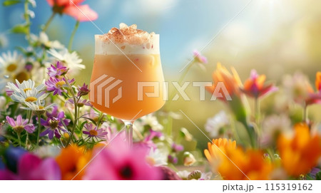 Cocktail glass of a creamy beverage with a hint of cinnamon, vibrant summer flower garden backdrop 115319162