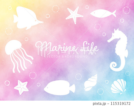 水彩風の海の生き物のイラストセット 水彩風の海の生き物のイラストセット 115319172