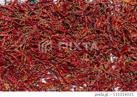 Close up dried chilli background. Red hot chili wallpaper 115319315