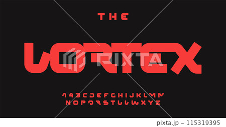 Bold futuristic typography font design, modern sci-fi geometric letters for headlines, branding, and tech-inspired designs. Vector illustration. 115319395