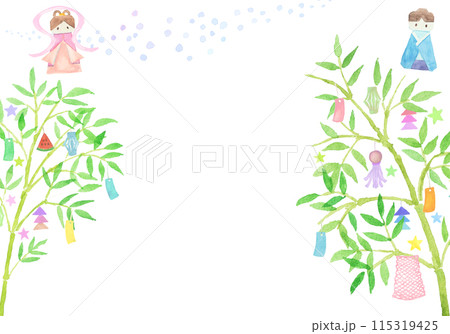 水彩絵の具で手描きで描いた七夕飾りの背景 水彩絵の具で手描きで描いた七夕飾りの背景 115319425