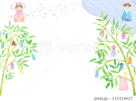 水彩絵の具で手描きで描いた七夕飾りの背景 水彩絵の具で手描きで描いた七夕飾りの背景 115319427