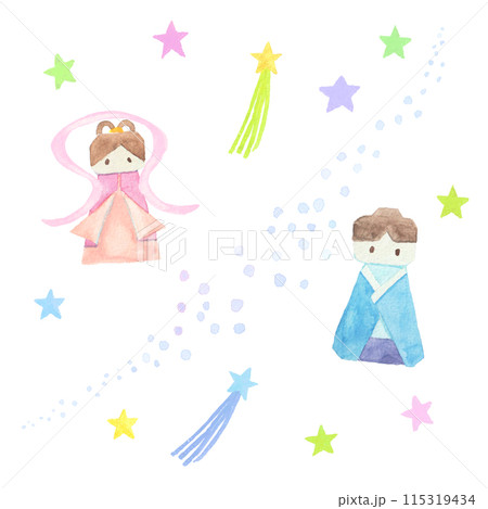 水彩絵の具で手描きで描いたナチュラルな織姫と彦星 115319434