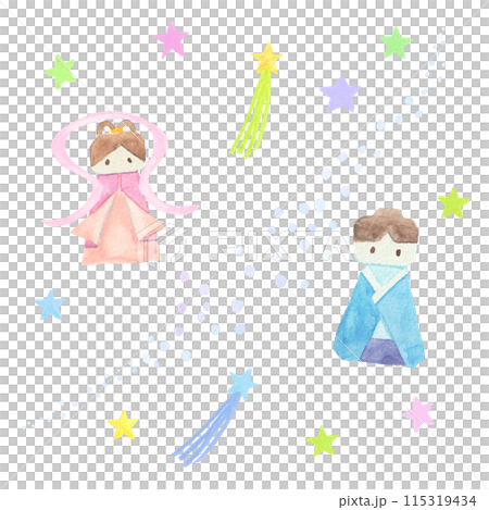 水彩絵の具で手描きで描いたナチュラルな織姫と彦星 115319434