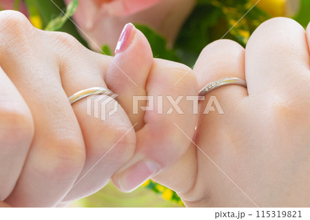 結婚指輪をはめたカップルの手のクローズアップ 結婚指輪をはめたカップルの手のクローズアップ 115319821