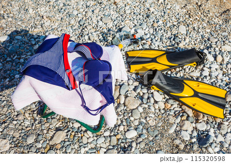 Bikini, sport fins and towel. Bikini, sport fins and towel. 115320598