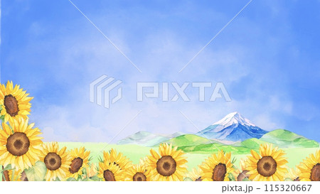 水彩で描いたヒマワリ畑と富士山の背景素材のイラスト素材 [115320667