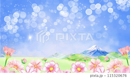 水彩で描いたコスモス畑と富士山の秋の背景素材 115320676