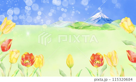 水彩で描いたカラフルなチューリップと富士山の春の背景素材 115320684