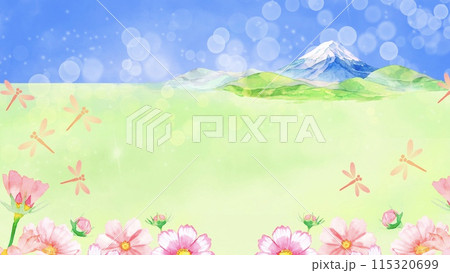 水彩で描いたコスモス畑と富士山の秋の背景素材 115320699