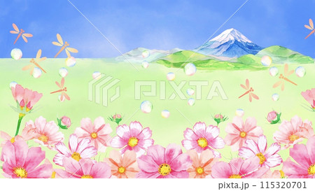 水彩で描いたコスモス畑と富士山の秋の背景素材 115320701