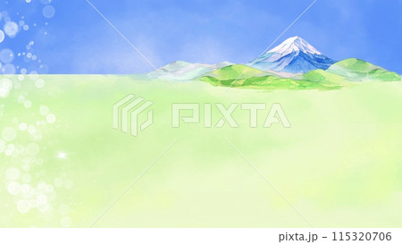 草原と青空の風景、富士山の水彩風景画 115320706