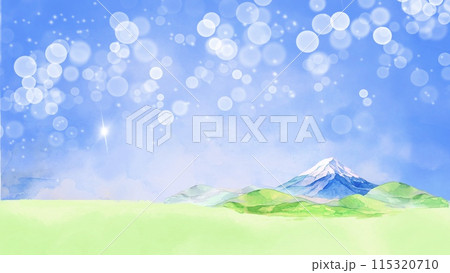 草原と青空の風景、富士山の水彩風景画 115320710