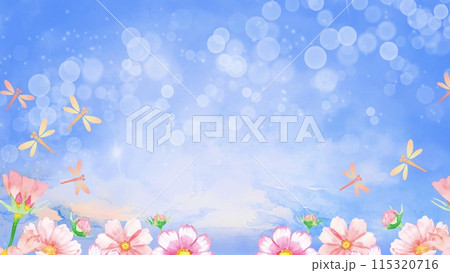 水彩で描いたカラフルなコスモスと青空の秋景色 115320716