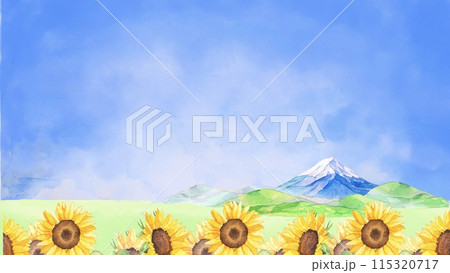 水彩で描いたヒマワリ畑と富士山の背景素材 115320717
