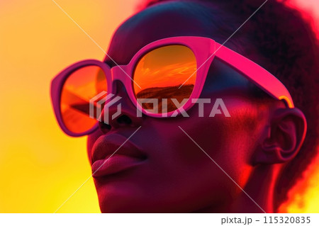 African American Woman Enjoying Sunset with Trendy Sunglasses 115320835