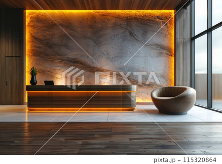 Modern Reception Desk With Wooden Wall and Warm Lighting 115320864