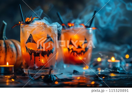 Spooky Halloween Cocktail With Jack-O-Lantern and Warm Lights 115320891