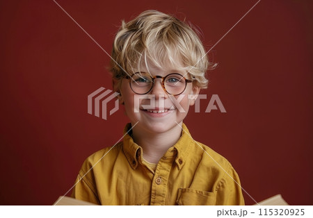 Young Boy Wearing Glasses Smiles at the Camera in Front of a Red Background 115320925