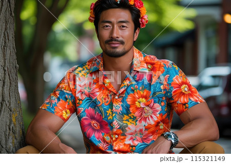 Blossoming Beauty: Asian Man with Floral Crown Blossoming Beauty: Asian Man with Floral Crown 115321149