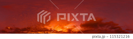 Dramatic sunset sky panorama with red burning clouds. Seamless hdr 360 pano in spherical equirectangular format. Sky dome or zenith for 3D visualization, sky replacement for aerial drone panoramas 115321216