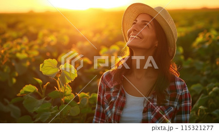 Radiant Joy: Brazilian Female Farmer in Sunset Glow 115321277