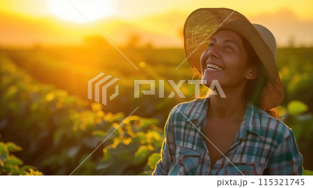 Sunset Reflections: Brazilian Woman Farmer's Graceful Gaze Sunset Reflections: Brazilian Woman Farmer's Graceful Gaze 115321745