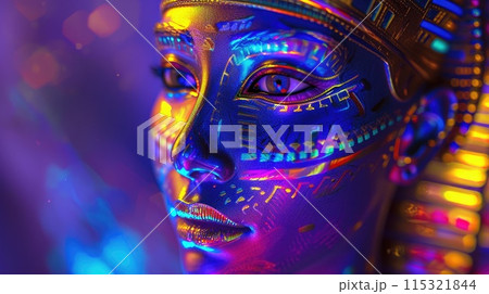 Nighttime Aura: Closeup View of Glowing Egyptian Goddess Nighttime Aura: Closeup View of Glowing Egyptian Goddess 115321844