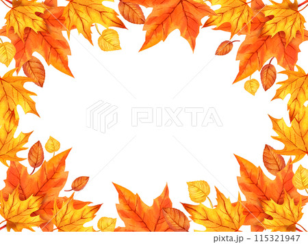 watercolor horizontal frame with autumn leaves, orange maple leaves, hand drawn illustration of yellow and orange autumn leaves, sketch isolated on white background, for autumn posters 115321947
