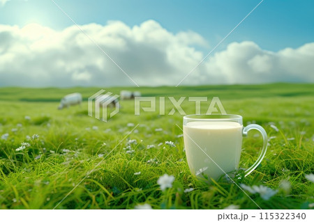 Serene Pastoral Scene: Milk and Cows on Lush Green Meadow 115322340